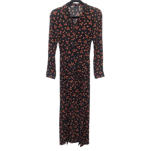 Zara Women black polka dot red Poppy floral print Tie Waist maxi dress‎ size S - Picture 1 of 11